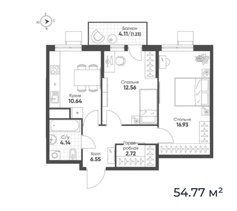 Планировка 2-комнатной квартиры 54,77 м², ЖК «Кленовая Аллея»