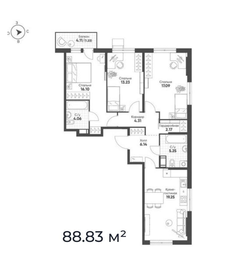 Планировка 3-комнатной квартиры 88,83 м², ЖК «Кленовая Аллея»