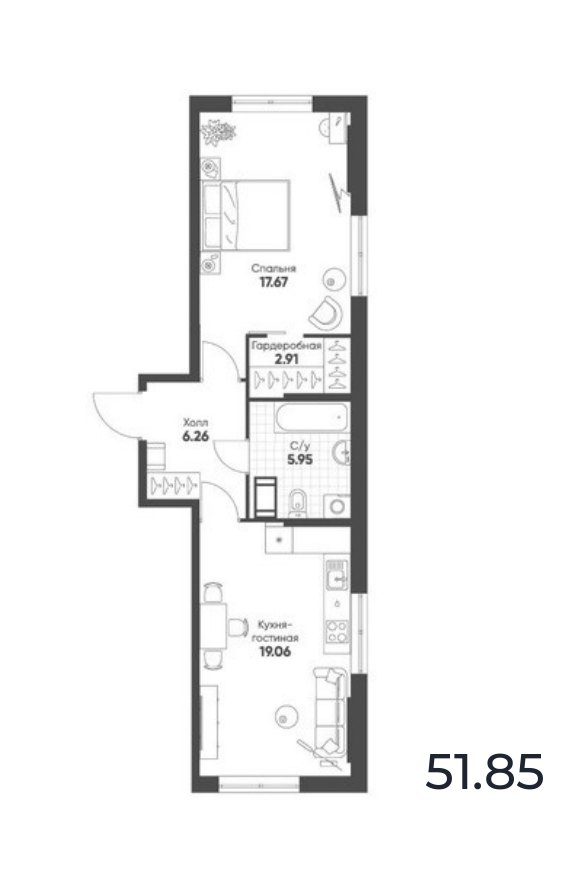 Планировка 1-комнатной квартиры 51,85 м², ЖК «Кленовая Аллея»